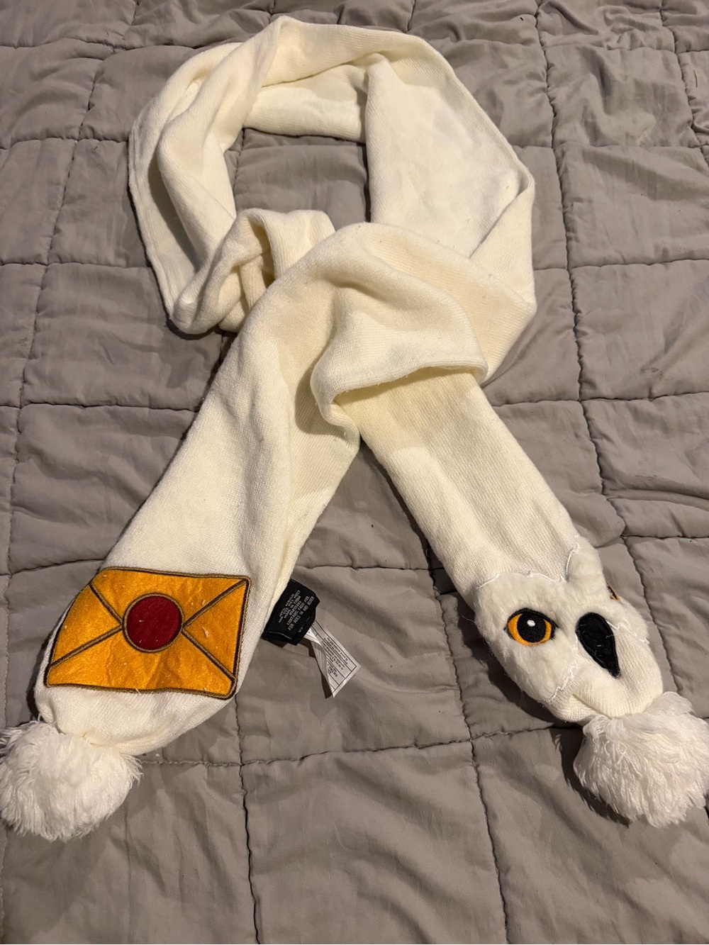 Cream Owl Plush Scarf with Yellow Envelope Detail